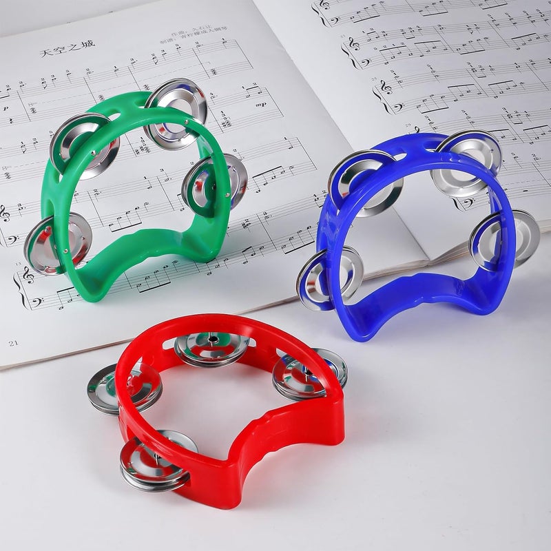 TENINYU Pack of 5 Half Moon Musical Tambourine, Double Row Metal 4 Jingle Bells Mini Hand Held Percussion Drum with Ergonomic Handle Grip (5 Color) - Image 5